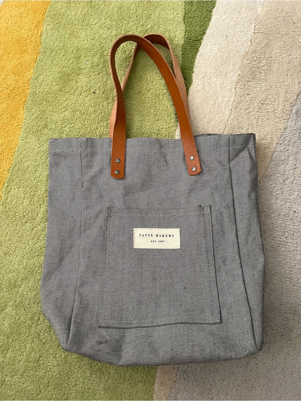 Gray Canvas Tote Bag with Brown Leather Handles Tatte Bakery